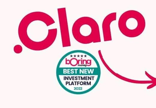 The Claro wordmark beside a Boring Money "Best New Investment Platform 2022" badge