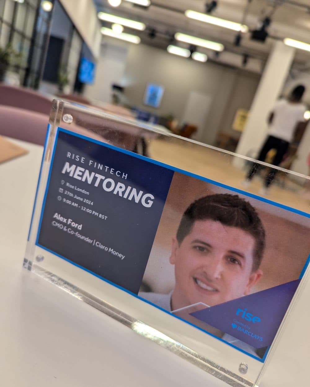 An acrylic plaque for a Rise FinTech Mentoring session naming Alex Ford, CMO and Co-founder, Claro Money